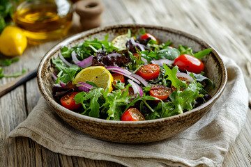 rustic bowl of mixed greens salad featuring fresh arugula, cherry tomatoes, red onion slices, and lemon wedges, served on a neutral linen cloth atop a wooden table