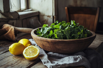 cozy, rustic kitchen setup featuring a wooden bowl filled with leafy greens, accompanied by fresh lemons on a weathered wooden surface, creating a warm, homestyle ambiance.