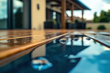 Water droplets reflecting on a wooden deck