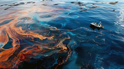 Environmental Catastrophe Unfolds: Oil Spill Pollution in the Ocean. The dark stain of oil spills spreads across the ocean's surface, devastating marine ecosystems, harming countless sea creatures, an