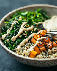 close-up of a vibrant vegetarian grain bowl featuring fluffy quinoa, roasted butternut squash, sautéed kale, fresh greens, and a creamy tahini drizzle