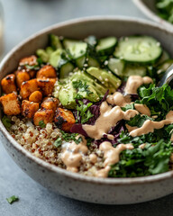 colorful vegetarian grain bowl filled with fluffy quinoa, roasted chickpeas, fresh cucumber slices, avocado, and a mix of leafy greens.