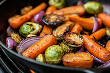 close-up image of perfectly roasted vegetables, including carrots, Brussels sprouts, and red onions
