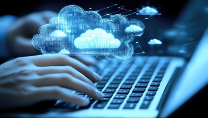Hands typing on laptop with digital cloud image