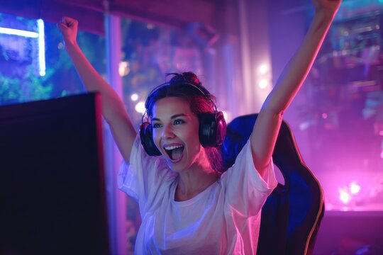 Victory Young woman in gaming headphones plays online in a neon lit room thrilled after winning an esports tournament
