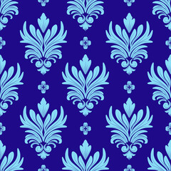 Damask seamless pattern with blue flowers, vintage design, vector illustration elegant for textile, wall paper, curtains, cushion cover, rug, scarf, bedding, wrapping, upholstery fabric, fashion