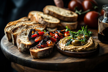 Rustic artisan bread served with roasted red pepper bruschetta and creamy hummus topped with olives and greens on a wooden board.
