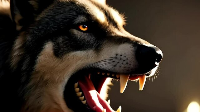 Angry wolf growling with sharp teeth