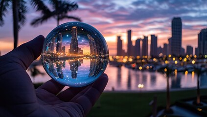 Crystal ball reflecting city skyline at sunset