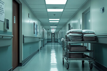 quiet hospital hallway with teal walls and white ceilings, illuminated by fluorescent lights. A stainless steel meal tray cart, neatly stacked with trays and linens, stands along the right wall.