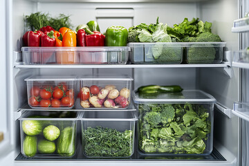 organized refrigerator filled with fresh vegetables stored in clear plastic containers.
