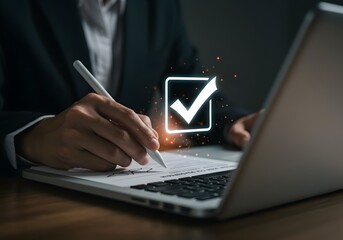 Digital signature on laptop screen for online business agreement approval