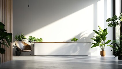 Modern minimalist interior with natural light and plants.  Spacious, bright room with a wooden chair, white cabinet, and various potted plants