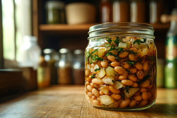 rustic glass jar filled with a hearty bean salad, featuring white beans, chopped onions, fresh herbs like parsley, and a savory vinaigrette.