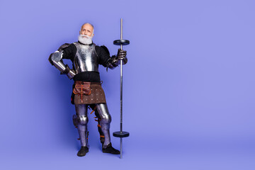 Elderly knight in full armor posing with a weighted barbell against a vibrant purple background