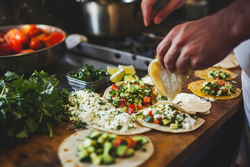 vibrant kitchen scene showing a person assembling vegetarian tacos on a wooden counter. The tacos are filled with fresh ingredients like diced cucumbers, tomatoes, cilantro, and crumbled cheese