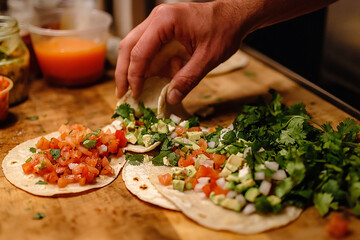close-up of vegetarian tacos being assembled by hand, filled with avocado, tomato, onion, and fresh cilantro on soft tortillas in a warm, rustic kitchen setting.