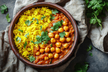 vegetarian curry with chickpeas in a rich tomato sauce, served alongside fluffy turmeric rice and garnished with fresh cilantro.