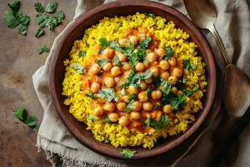 colorful bowl of turmeric rice topped with chickpea curry and garnished with fresh cilantro.