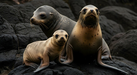 Obraz premium Galapagos Sea Lions Family Wildlife Photography Adorable Mammals Ocean Animals