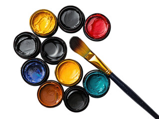 Colorful paint pots arranged in a circle, with a paintbrush