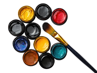 Colorful paint pots arranged in a circle, with a paintbrush