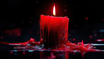 A burning red candle with melted wax dripping