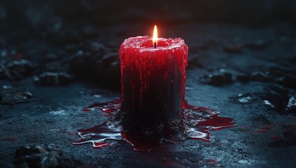 A single, burning red candle, dripping crimson wax, sits on a dark, rocky surface