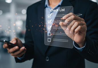 Businessman Using Digital Checklist on Virtual Screen Concept for Task Management and Productivity