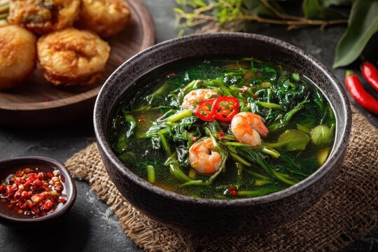 Clear spinach soup with oyong healthy Indonesian dish served in a ceramic bowl alongside chili sauce and fried tempeh presented in a flat lay