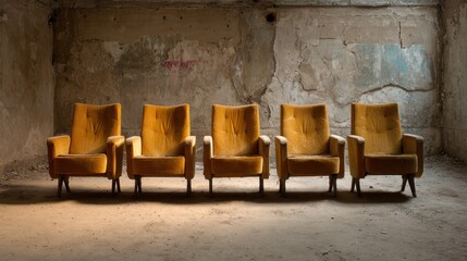 Five aged mustard-yellow chairs in a derelict room