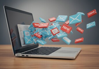 Laptop with digital mail envelopes electronic communication concept