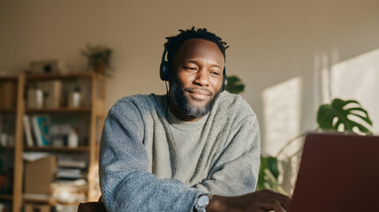 Friendly african man wearing headphones, working remotely with a smile in a sunlit home offic