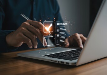 Online approval process completion with digital checklist on laptop