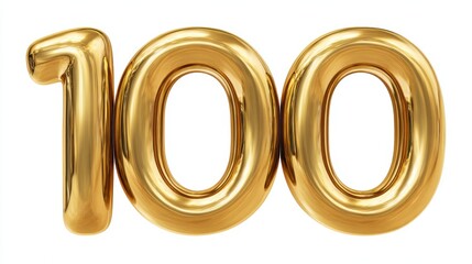 High-quality stock image of golden number 100, shiny metallic finish, perfect for celebrations, anniversaries, or milestone events, elegant design, isolated on white background.