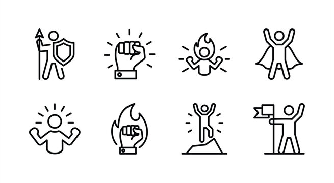 Courage icon set. Contains power, bravery, passion, spirit, super, strength, strong, confidence, powerful, motivation, leadership, successful business achievement goal. Vector illustration
