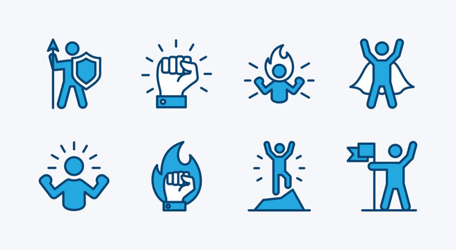 Set of courage icon vector. Contains power, bravery, passion, spirit, super, strength, strong, confidence, powerful, motivation, leadership, successful business achievement goal. Illustration