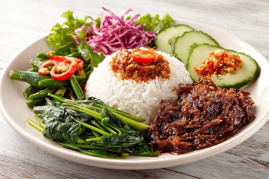 Standalone serving of pecel rice ideal for menu listings Nasi pecel a traditional Javanese dish features rice with pecel hot sauce and vegetables