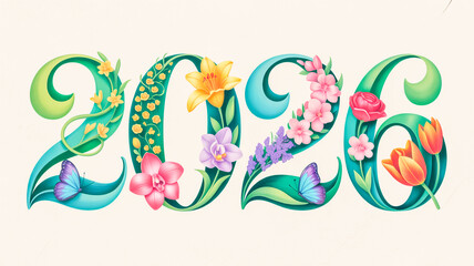 A digital illustration of the year 2026 decorated with vibrant flowers and botanical elements