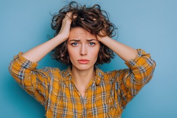 A worried woman in informal attire facing difficulties