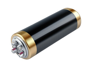 Cylindrical battery with brass accents.  A black cylindrical battery with gold/brass colored bands at the top and bottom.  Two small, reddish terminals protrude from the bottom.  3D rendered image