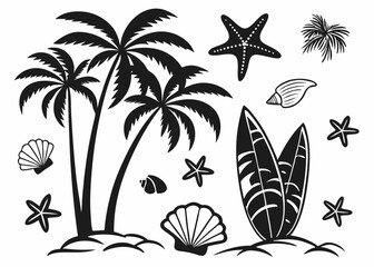 Black summer beach icon set, flat vector silhouette style, isolated on white,  A tropical beach and surf-themed vector set with palm trees, waves, surfboards, a van, flamingos, and ocean elements 
