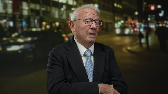 Senior man in business suit standing outdoors on busy urban street with blurred lights, exuding confidence and professionalism amidst a bustling evening city scene.