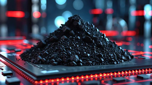 Close-Up of Shiny Black Rare Earth Minerals on Computer Chip Surface with Futuristic Circuit Background and Neon Lighting


