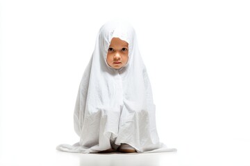 Humorous Halloween idea featuring an adorable child in a white ghost costume photographed against a white backdrop