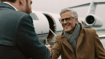 Businessmen Shaking Hands by Private Jet on Tarmac in Cold Weather - Powered by Adobe