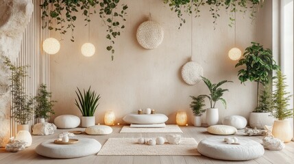Serene, minimalist interior with beige walls, plants, and hanging decor