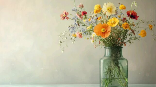 Flowers in a vas with beige background copy space