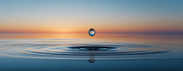 The tranquil water droplet creating ripples at sunset.