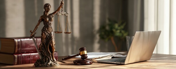The Lady Justice Statue with Laptop and Legal Tools on a Desk